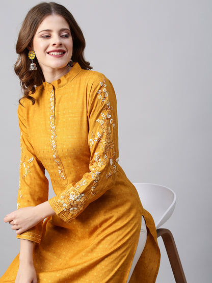 Floral Hand Embroidered & Woven Straight Fit Kurta - Deep Yellow