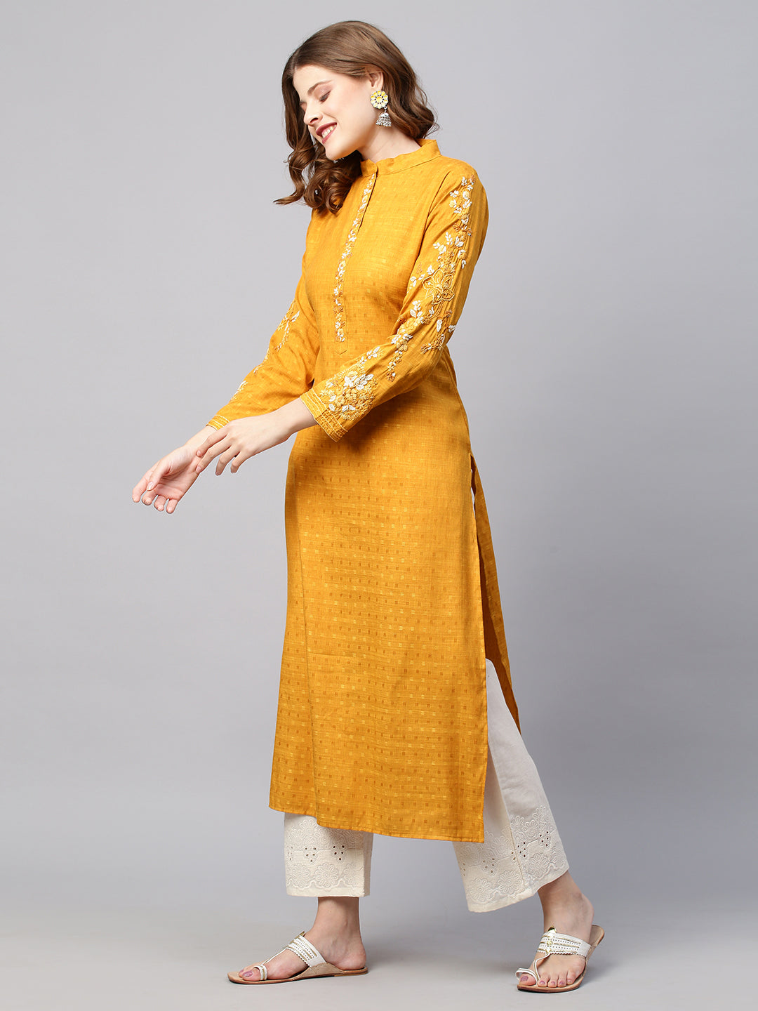 Floral Hand Embroidered & Woven Straight Fit Kurta - Deep Yellow