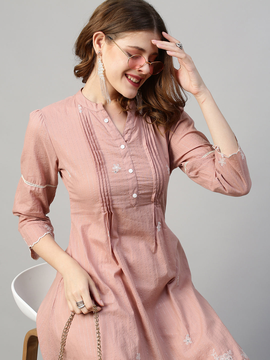 Floral Embroidered & Lurex Striped A-Line Kurta with Pants - Pastel Brown