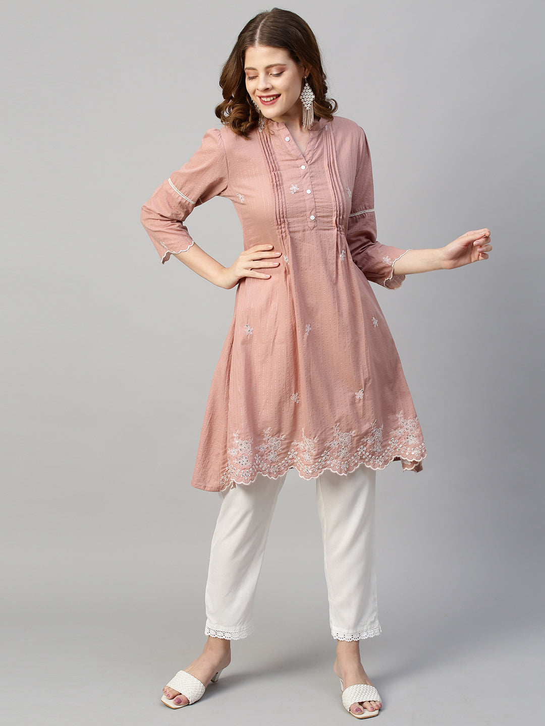 Floral Embroidered & Lurex Striped A-Line Kurta with Pants - Pastel Brown