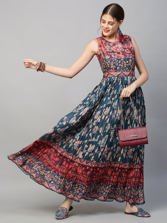 Ethnic Printed &  Sequin Embroidered Maxi Flared Dress & Belt - Teal Blue