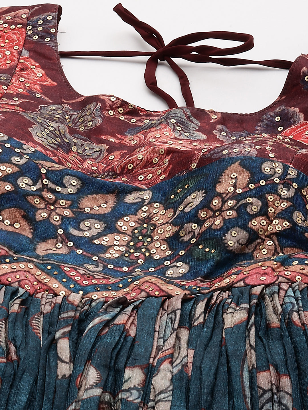 Ethnic Printed &  Sequin Embroidered Maxi Flared Dress & Belt - Teal Blue