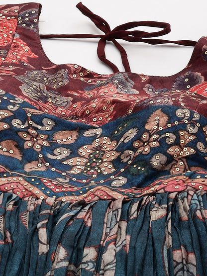 Ethnic Printed &  Sequin Embroidered Maxi Flared Dress & Belt - Teal Blue