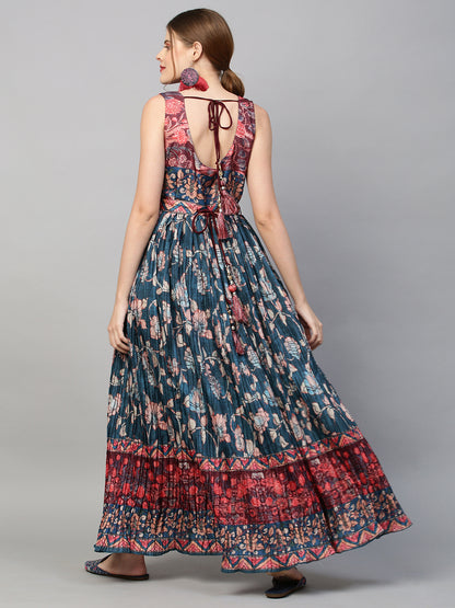 Ethnic Printed &  Sequin Embroidered Maxi Flared Dress & Belt - Teal Blue