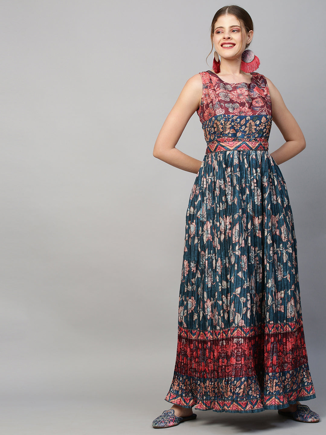 Ethnic Printed &  Sequin Embroidered Maxi Flared Dress & Belt - Teal Blue