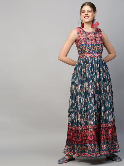 Ethnic Printed &  Sequin Embroidered Maxi Flared Dress & Belt - Teal Blue