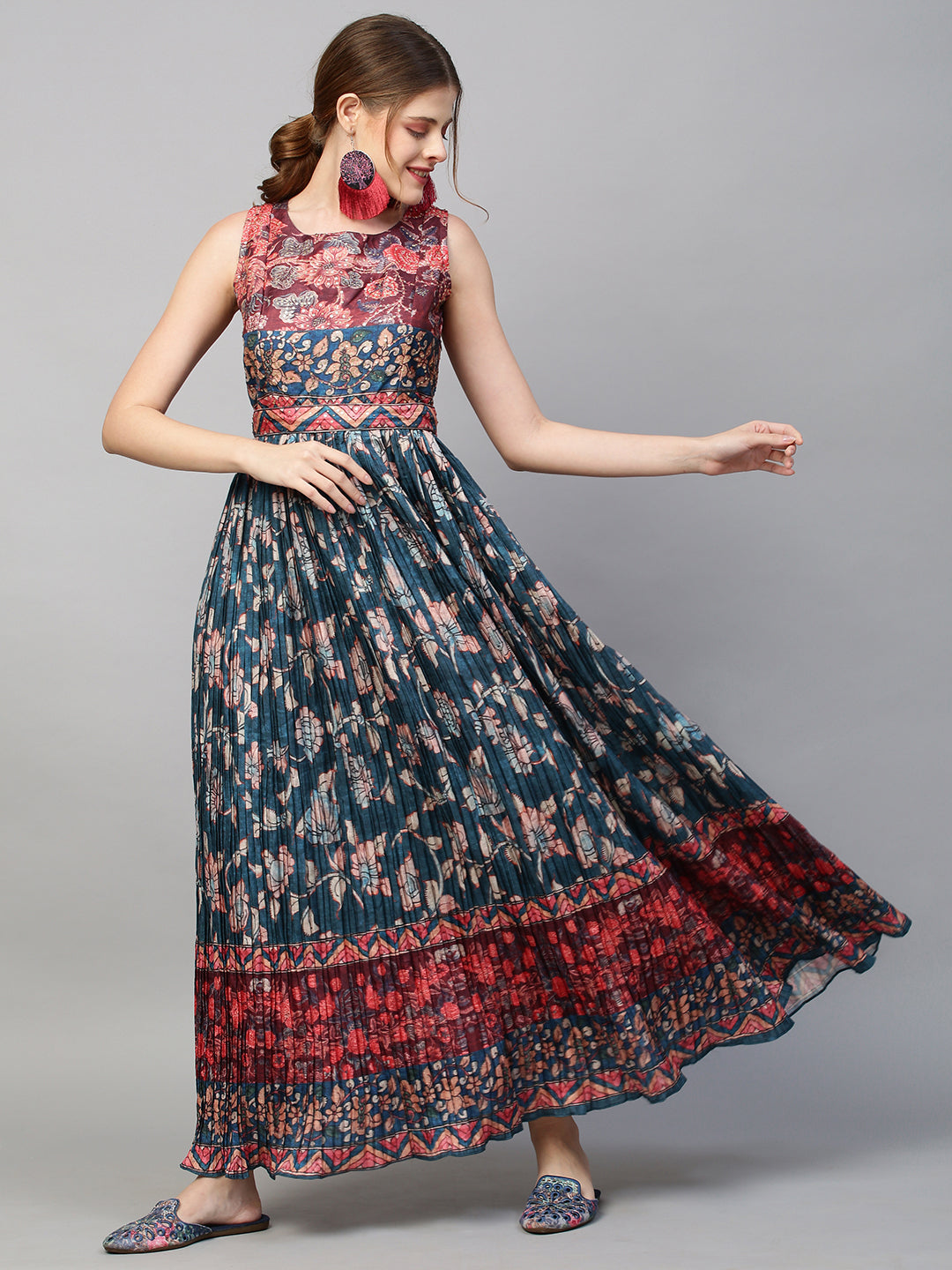 Ethnic Printed &  Sequin Embroidered Maxi Flared Dress & Belt - Teal Blue
