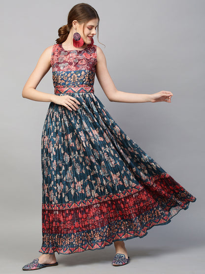 Ethnic Printed &  Sequin Embroidered Maxi Flared Dress & Belt - Teal Blue