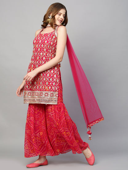 Zari Embroidered & Bandhani Printed Kurta with Sharara & Dupatta - Hot Pink
