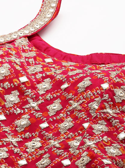 Zari Embroidered & Bandhani Printed Kurta with Sharara & Dupatta - Hot Pink