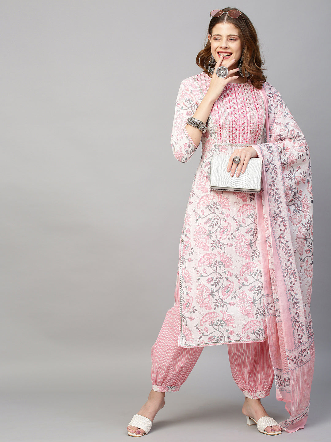 Floral Printed & Embroidered Straight Fit Kurta with Pants & Dupatta - White
