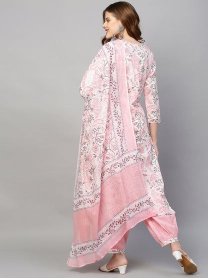 Floral Printed & Embroidered Straight Fit Kurta with Pants & Dupatta - White
