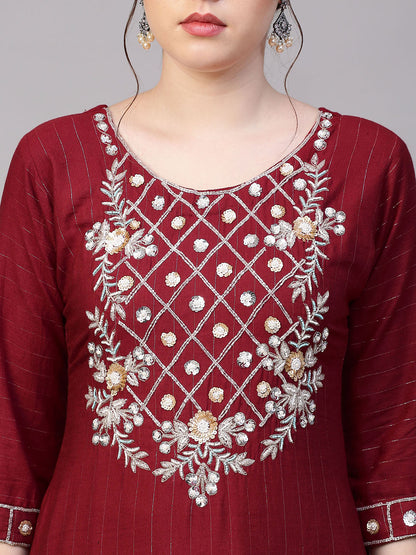Floral Hand Embroidered & Lurex Striped Straight Fit Kurta - Maroon