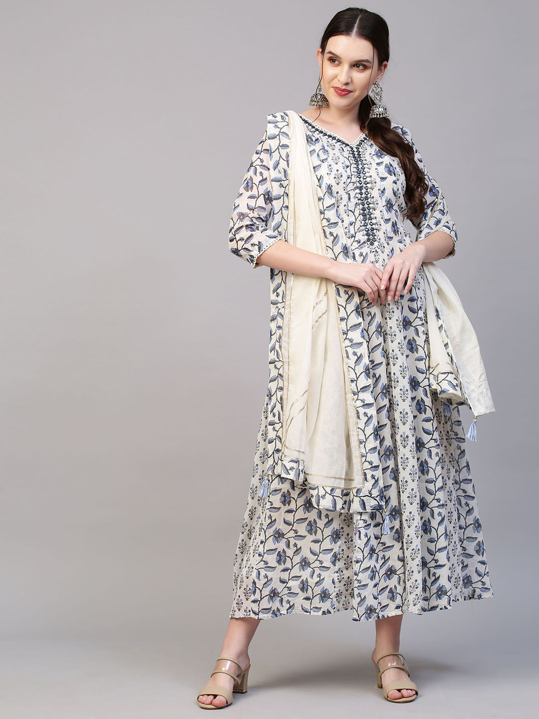 Floral Printed & Mirror Embroidered Anarkali Maxi Dress with Dupatta - Off White