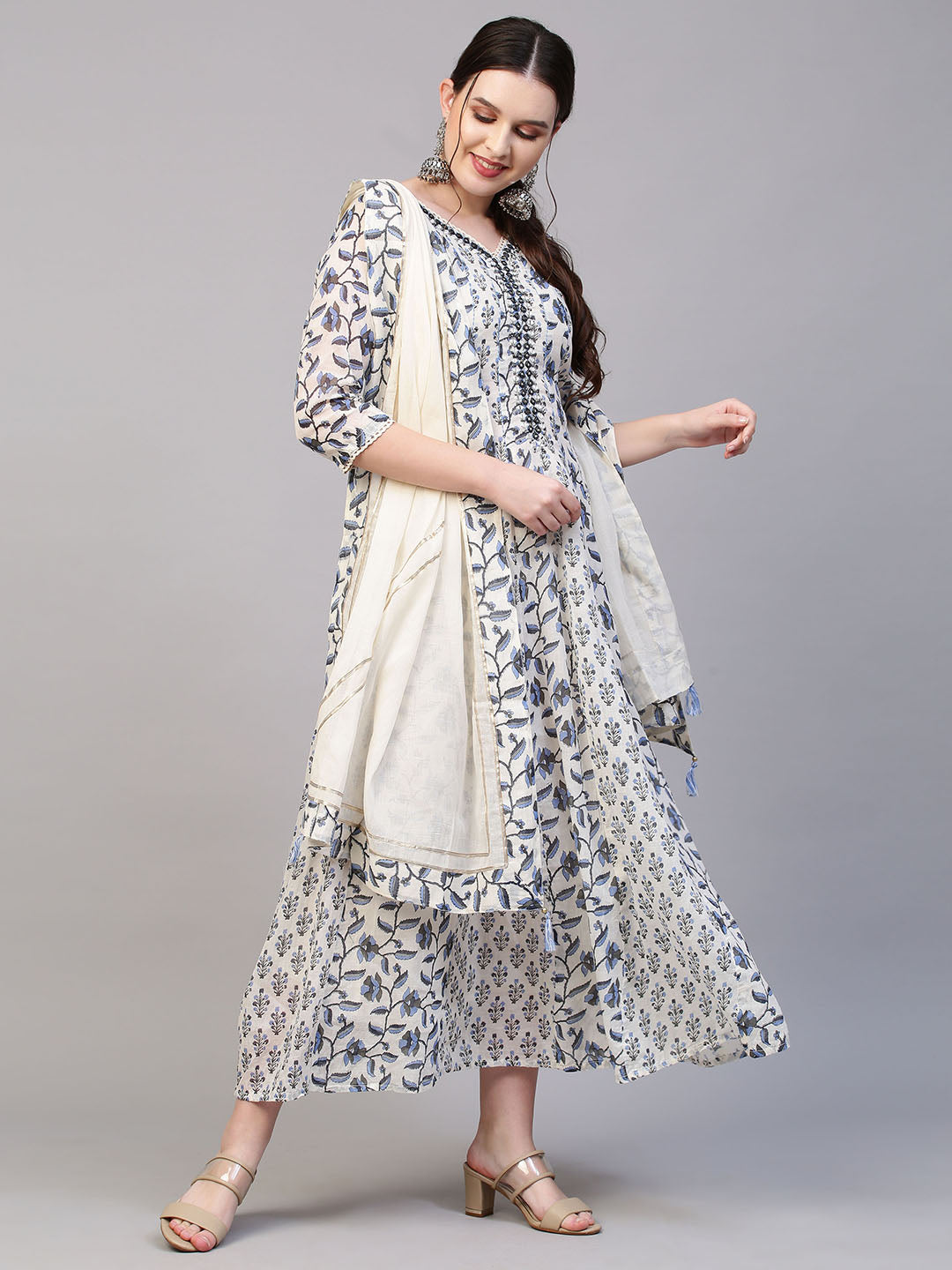 Floral Printed & Mirror Embroidered Anarkali Maxi Dress with Dupatta - Off White