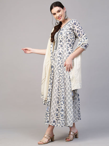 Floral Printed & Mirror Embroidered Anarkali Maxi Dress with Dupatta - Off White