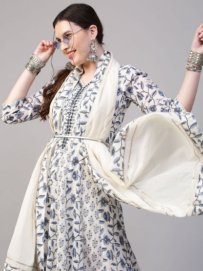 Floral Printed & Mirror Embroidered Anarkali Maxi Dress with Dupatta - Off White