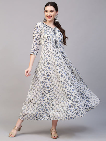 Floral Printed & Mirror Embroidered Anarkali Maxi Dress with Dupatta - Off White