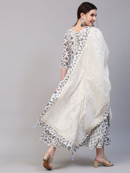 Floral Printed & Mirror Embroidered Anarkali Maxi Dress with Dupatta - Off White