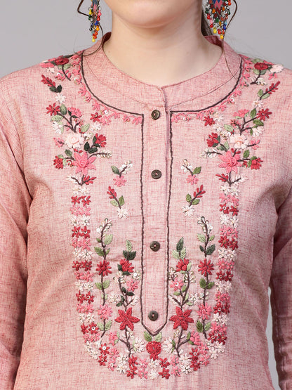 Floral Hand Embroidered Straight Fit Kurta - Old Rose Pink