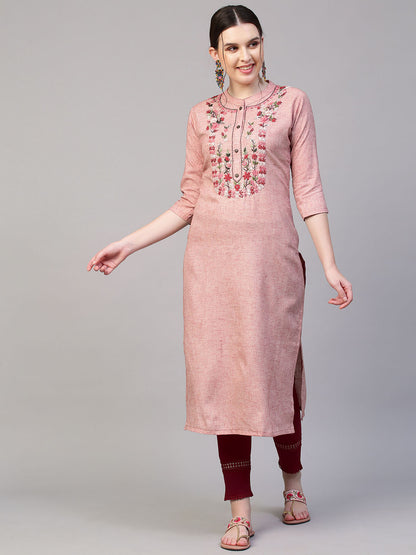 Floral Hand Embroidered Straight Fit Kurta - Old Rose Pink