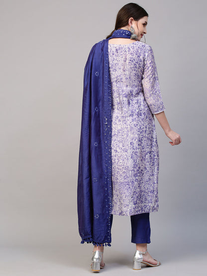 Abstract Floral Printed & Hand Embroidered Kurta with Pants & Dupatta - Violet