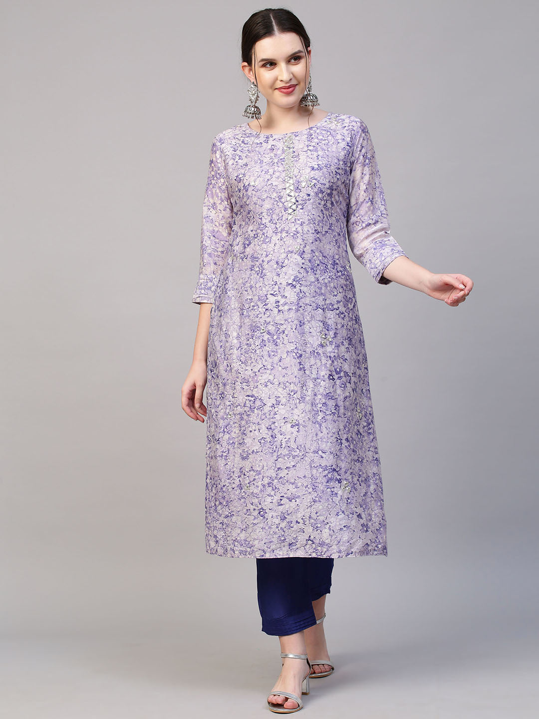 Abstract Floral Printed & Hand Embroidered Kurta with Pants & Dupatta - Violet