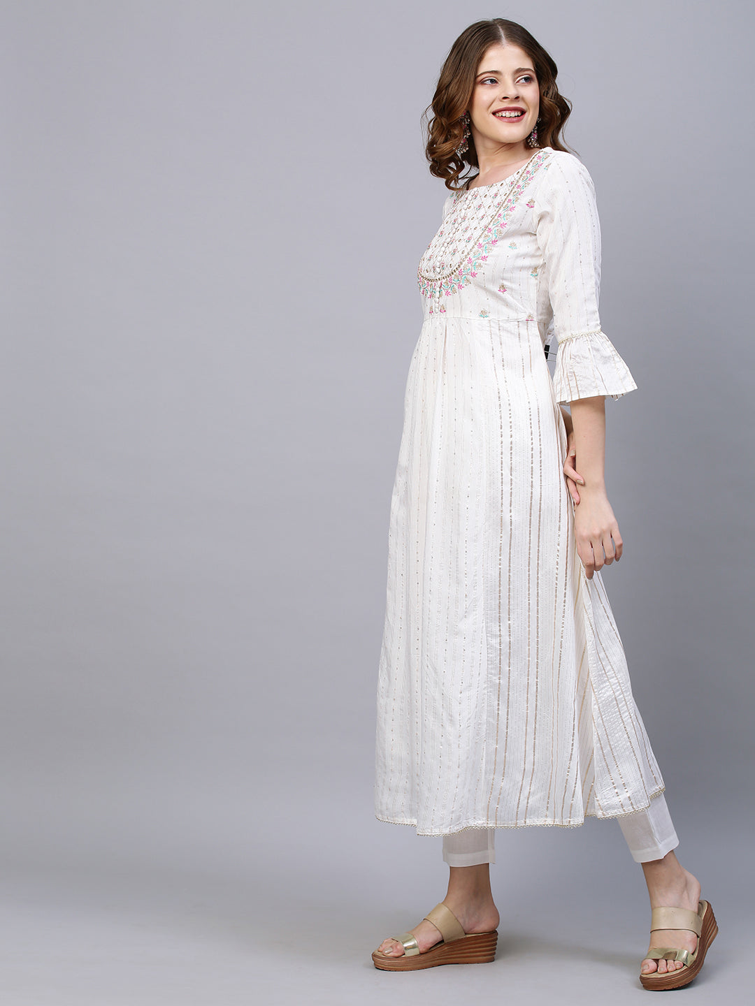 Ethnic Embroidered A-Line Flared Kurta with Pants and Dupatta - White