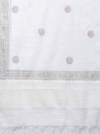 Ethnic Embroidered A-Line Flared Kurta with Pants and Dupatta - White