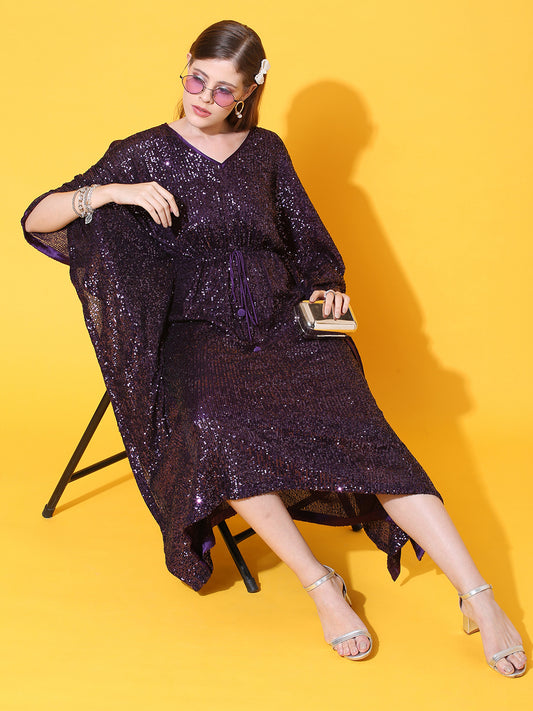 Sequin Embroidered Kaftan Midi Dress with Inner - Deep Purple