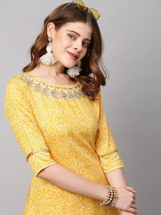 Bandhani Printed & Hand Embroidered Straight Fit Kurta - Yellow