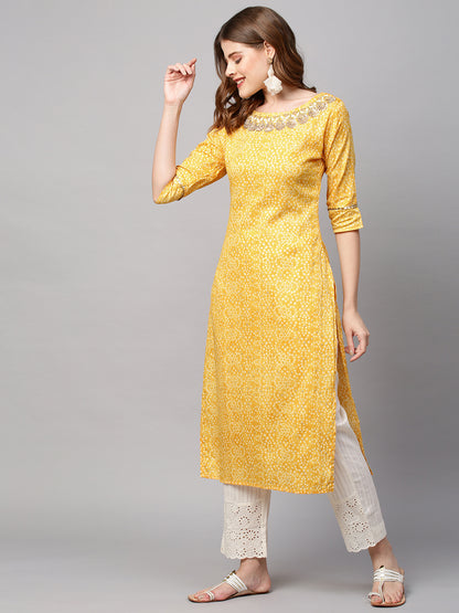 Bandhani Printed & Hand Embroidered Straight Fit Kurta - Yellow