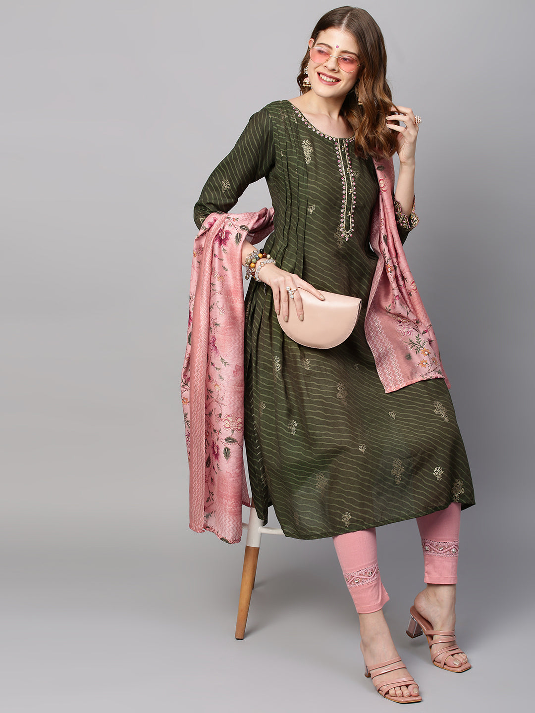 Leheriya Printed & Embroidered Straight Kurta with Dupatta - Seaweed Green