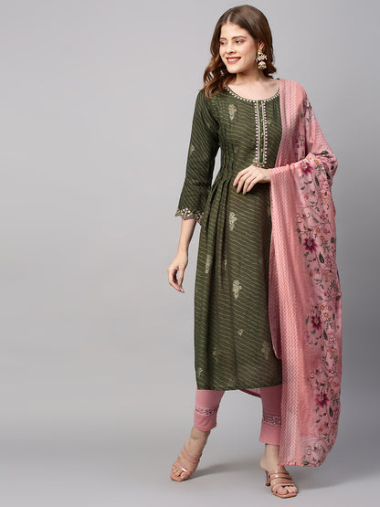 Leheriya Printed & Embroidered Straight Kurta with Dupatta - Seaweed Green