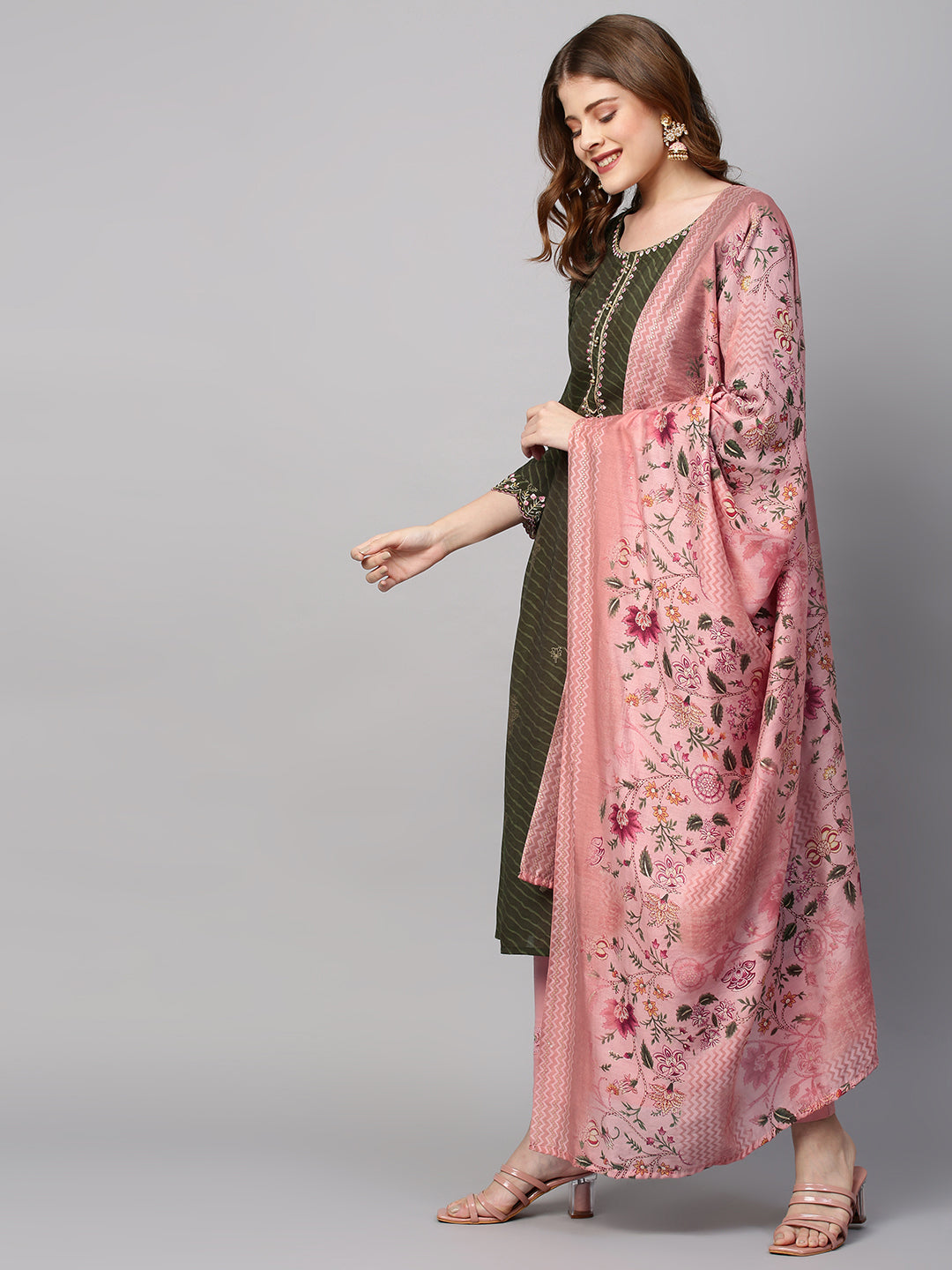 Leheriya Printed & Embroidered Straight Kurta with Dupatta - Seaweed Green