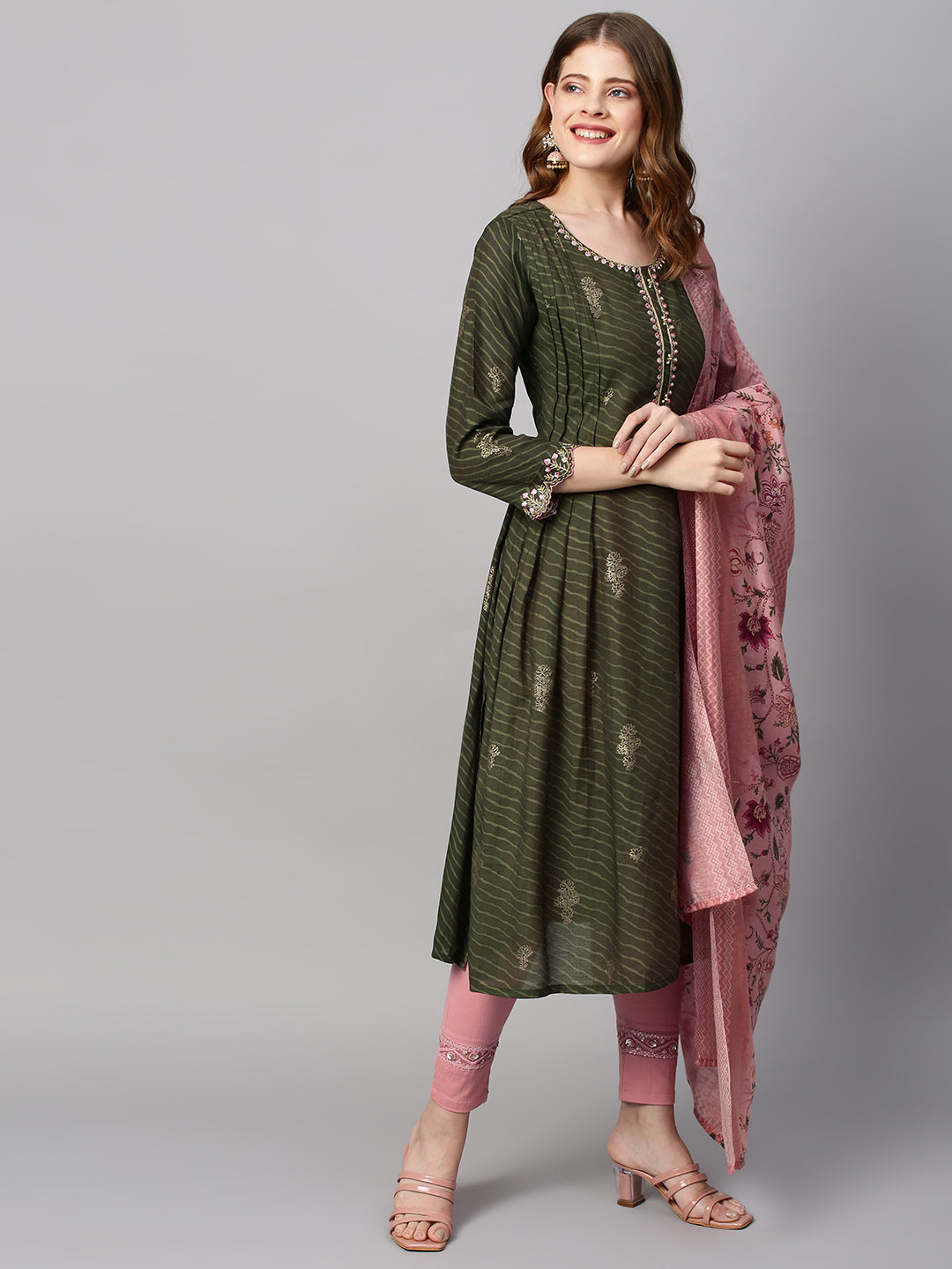 Leheriya Printed & Embroidered Straight Kurta with Dupatta - Seaweed Green