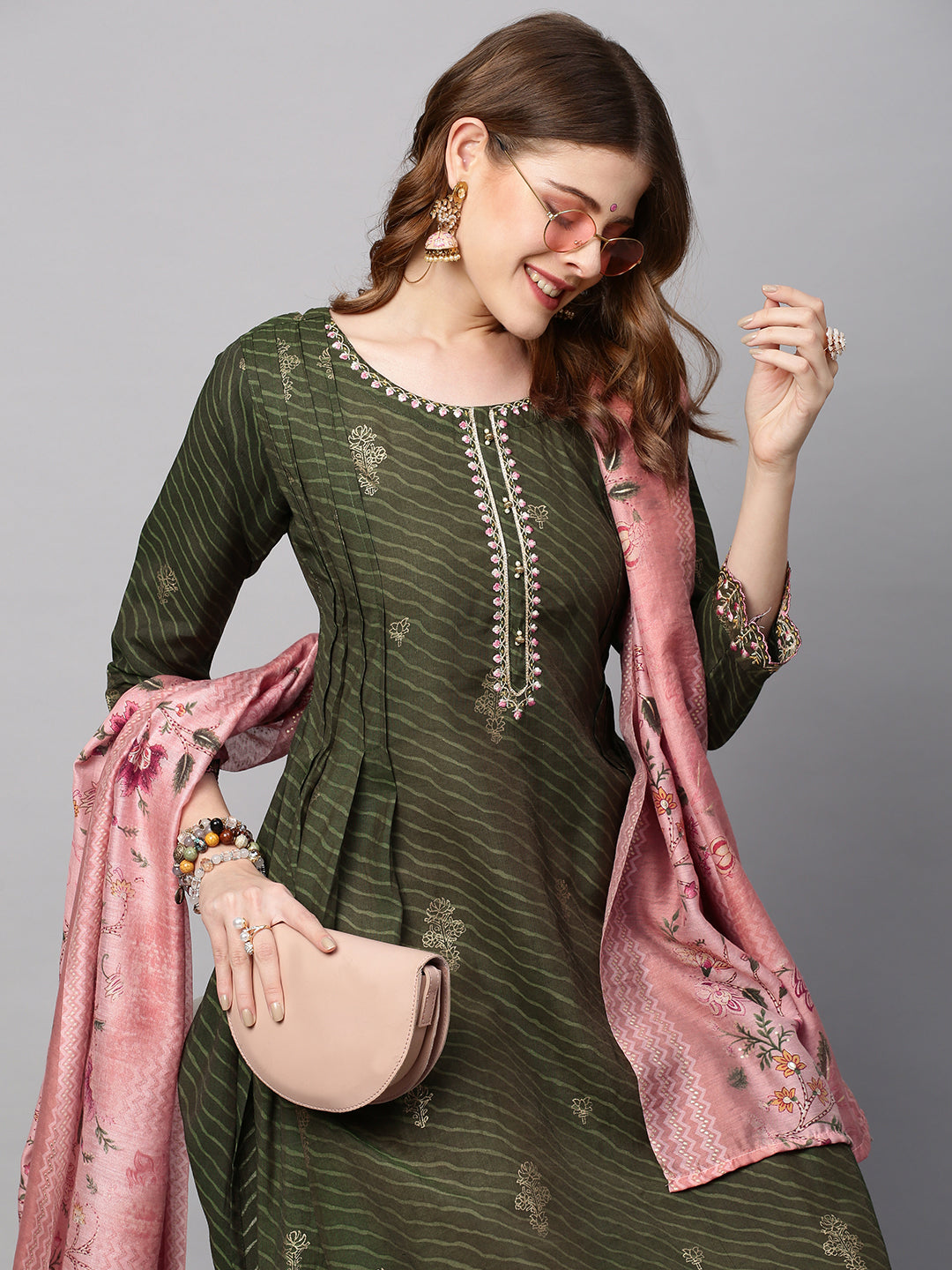 Leheriya Printed & Embroidered Straight Kurta with Dupatta - Seaweed Green