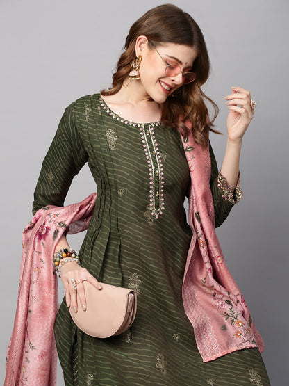 Leheriya Printed & Embroidered Straight Kurta with Dupatta - Seaweed Green