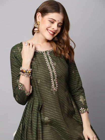 Leheriya Printed & Embroidered Straight Kurta with Dupatta - Seaweed Green