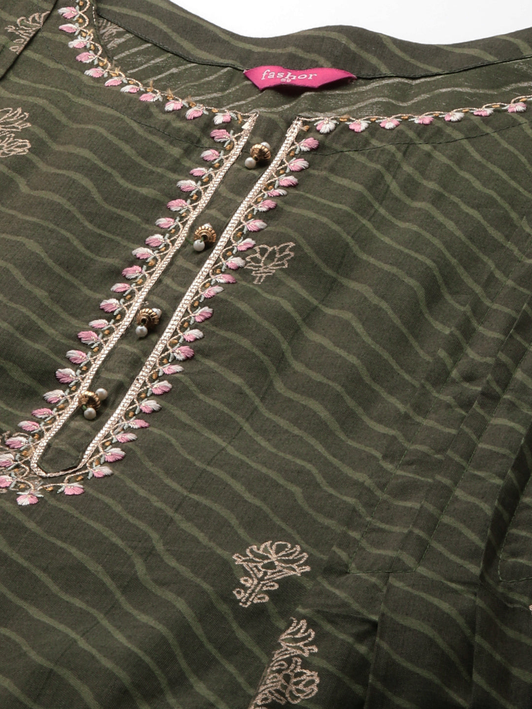 Leheriya Printed & Embroidered Straight Kurta with Dupatta - Seaweed Green