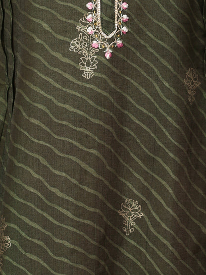 Leheriya Printed & Embroidered Straight Kurta with Dupatta - Seaweed Green