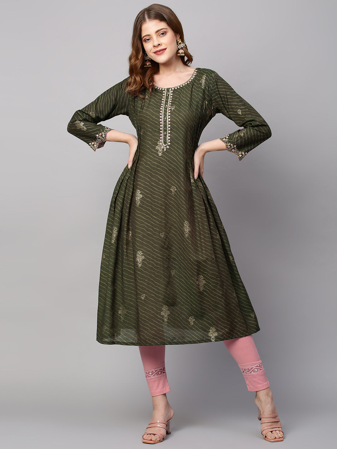 Leheriya Printed & Embroidered Straight Kurta with Dupatta - Seaweed Green