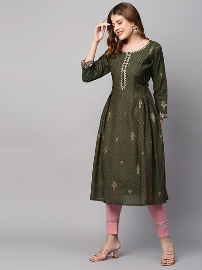 Leheriya Printed & Embroidered Straight Kurta with Dupatta - Seaweed Green