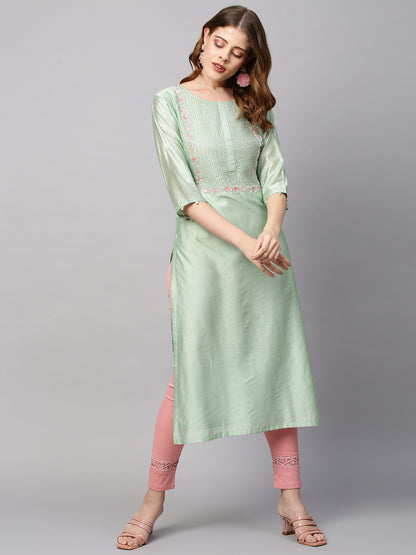 Floral Hand Embroidered Straight Kurta with  Dupatta - Pastel Green