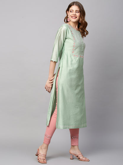 Floral Hand Embroidered Straight Kurta with  Dupatta - Pastel Green