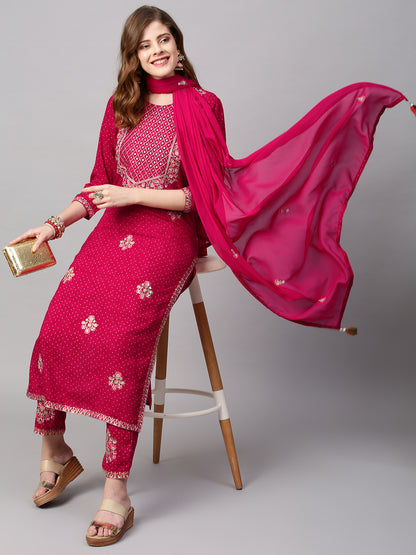 Ethnic Printed & Floral Embroidered Kurta with Pants & Dupatta - Magenta Pink