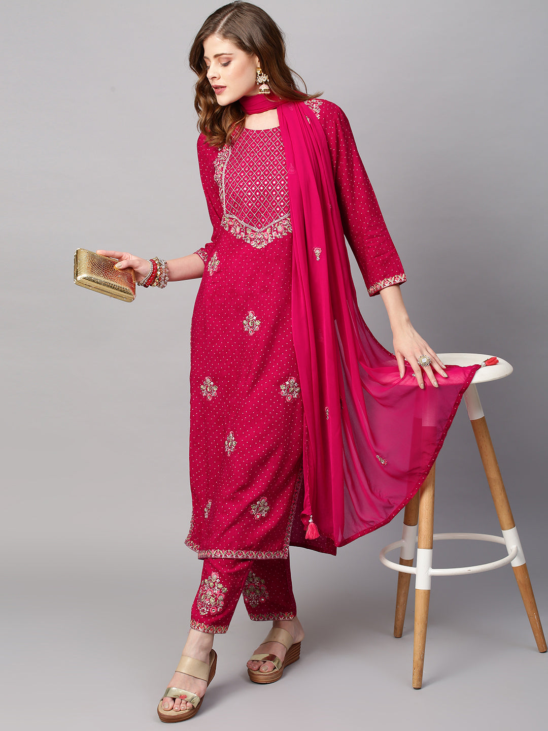 Ethnic Printed & Floral Embroidered Kurta with Pants & Dupatta - Magenta Pink