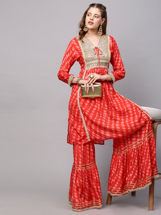 Ethnic Printed & Hand Embroidered A-Line Flared Kurta with Sharara - Red