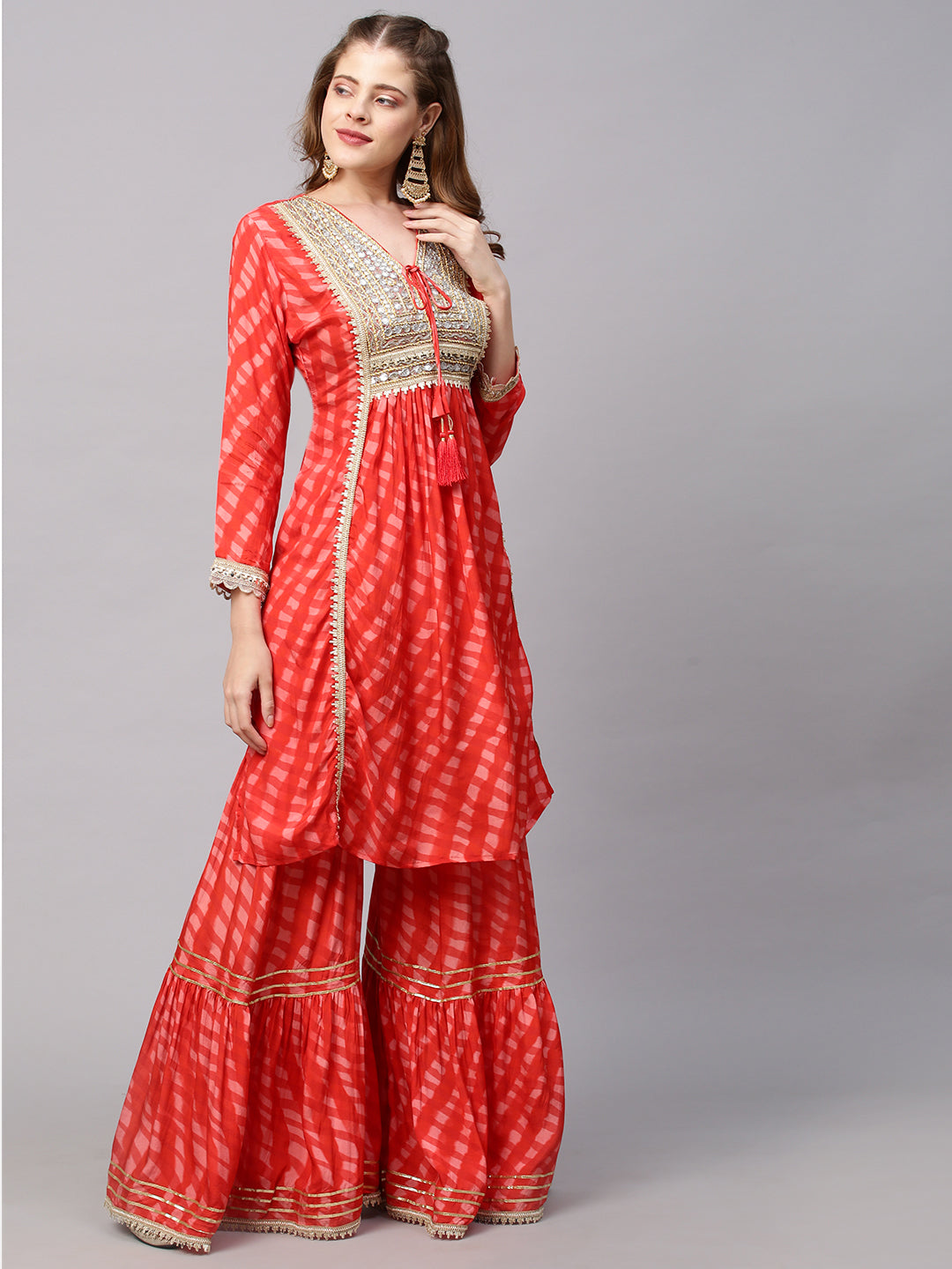 Ethnic Printed & Hand Embroidered A-Line Flared Kurta with Sharara - Red
