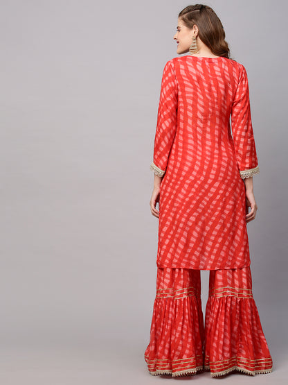 Ethnic Printed & Hand Embroidered A-Line Flared Kurta with Sharara - Red
